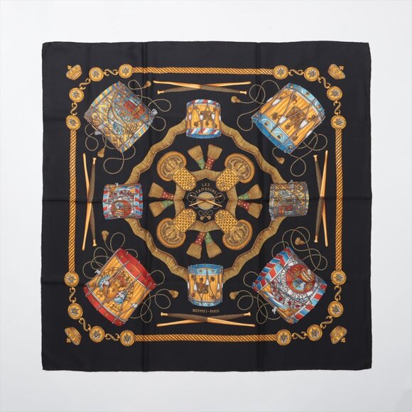 SOLD OUT ❌Hermès Carré 90 LES TAMBOURS drumming Scarf Silk Black Wears thr - Picture 1 of 6